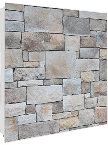 banjado Großer Schlüsselkasten Glas - Schlüsselbox 30x30cm mit 50 Haken - Schlüsselkasten modern für Schlüsselaufbewahrung mit beschreibbarer, magnetischer Glastür - Motiv Natursteinmauer
