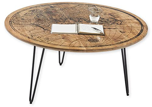 DEINE TANTE EMMA 83116S4 NAPOCA Mango Wood/Druck Couchtisch Beistelltisch Wohnzimmertisch ca. 90 x 46 x 90 cm | Runder Wohnzimmertisch mit bedruckter Tischplatte, Motiv Weltkarte, stabiles Metallgestell, Sofatisch, Beistelltisch