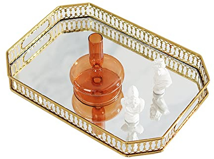 Dekoratives Tablett, Vintage Spiegelglas Ablagefach Spiegeltablett Gold rechteckig/Rund Obstteller Desktop Kleinteile Schmuck Display Tablett (Rechteck)