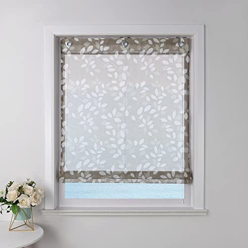 ESLIR Raffrollo ohne Bohren Gardinen Küche Voile Raffgardinen mit Ösen Landhaus Ösenrollo Vorhänge Wohnzimmer Braun BxH 80x140cm 1 Stück