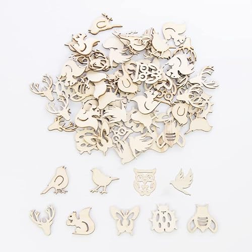FRUHLING 100 Stück Holz Wald Tiere Formen Scheiben Holzscheiben Naturholzscheiben Holzstücke Unvollendete Hölzerne Ausschnitte Holz Anhänger für Streudeko Tischdeko DIY Handwerk Verzierungen