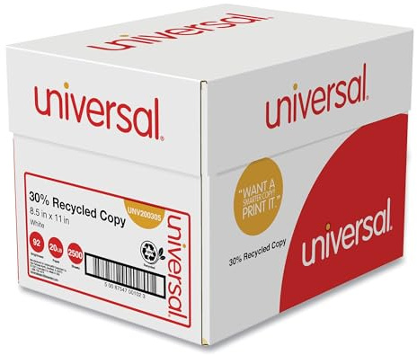 Universal 30% Recycled Copy Paper, 92 Bright, 20 lb Bond Weight, 8.5 x 11, White, 500 Sheets/Ream, 5 Reams/Carton