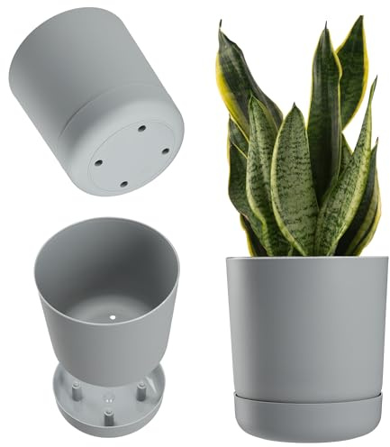 KADAX Blumentopf mit Untersetzer, Pflanzentopf aus Kunststoff, Minimalistischer Pflanzkübel, Dekorativer Topf für Blumen, Kakteen und Kräuter (15cm, Grau)