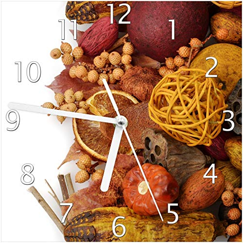 Wallario Design-Wanduhr Herbststimmung - Trockenfrüchte, Nüsse und Samen - Herbstdeko aus Glas, Motiv-Uhr Größe 20 x 20 cm, weiße Zeiger