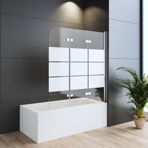 WDWRITTI Duschwand für Badewanne 130 x 140 cm Faltbar 3-teilig, Gestreift Badewannenaufsatz Duschtrennwand aus 6mm ESG Sicherheitsglas, Duschabtrennung für Badewanne