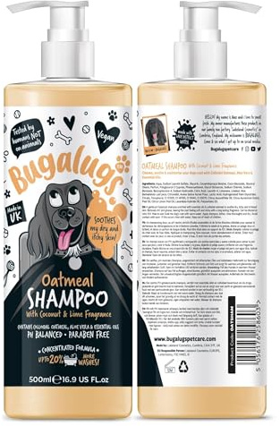 BUGALUGS Oatmeal & Aloe Vera Dog Shampoo dog grooming shampoo products for smelly dogs with fragrance, oatmeal puppy shampoo, professional Vegan pet shampoo & conditioner (500ml)