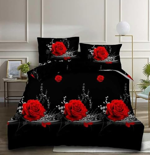 3d Design 4 Piece Complete Bedding Set Digital Floral, Animal Printed Duvet Cover with Fitted Sheet Pillowcases (Black Red Rose 349, King)