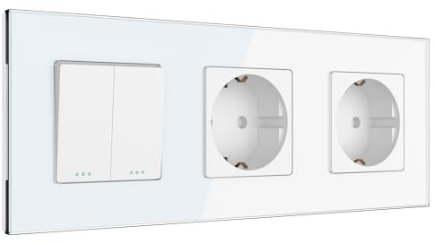 PULSAR Steckdose Doppelt/Lichtschalter Unterputz Weiß Glas 2-Fach Kombi | Steckdose x2 mit Lichtschalter Unterputz Weiß Glas 2-Fach, Serienschalter und Schuko-Steckdose Doppelt 16A mit Glasrahmen