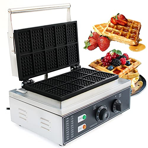 Waffeleisen Waffelautomat mit antihaftbeschichteten Backplatten, Kommerzielles Edelstahl Waffeleisen Waffelautomat für 10 Stielwaffeln mit Edelstahl Gehäuse, 0-300 °C Temperatur, Timer