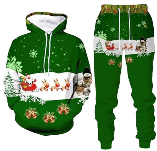 Beokeuioe Christmas Sweatshirt + Trousers, Men's Tracksuit, Winter Leisure Suit, Jogging Suit, Men's Casual Hoodie and Jogging Bottoms, Sportswear Set, Green, XXXL