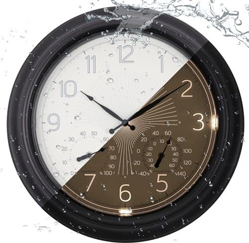 Vigorwise Outdoor Wall Clock, 18 Inch Illuminated Outdoor Waterproof Clocks with Temperature & Hygrometer, Water Resistant Wall Clock for Patio Garden Bathroom, Glow in The Dark