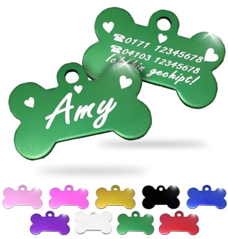 Ibera gifts - Hundemarke mit Gravur und personalisierte Hundemarke in Knochenform für kleine bis mittelgroße Hunde und Katzen (Grün, Herzen)