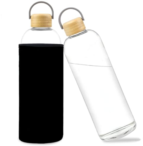 Bugudog Borraccia in Vetro 1000ML, Bottiglia d'Acqua Bottiglia Vetro Portatile Trasparente con Custodia Protettiva, Bottiglia Sportiva Borosilicato a Prova di Perdite per Bevande Fredde e Calde