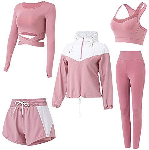 Yoga Kleidung Set Trainingsanzug Laufen Winter Fitness Sets Damen Schwarz Elegant Frauen Anzüge Mädchen Europäischer Amerikanischer Stil Sportanzug Zwei Stück Trainingsanzüg 5-Stücke (Pink, M)