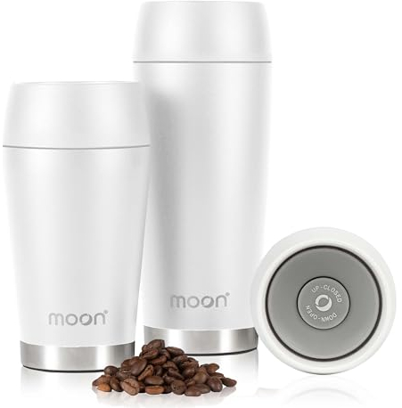 Moon 360° Thermobecher, Kaffeebecher to go thermo, Travel Mug 300ml, Coffee to go becher, Isolierbecher auslaufsicher - BPA-freie, Doppelwandiger Edelstahl, 100% dicht, 360°-Trinköffnung, Weiß