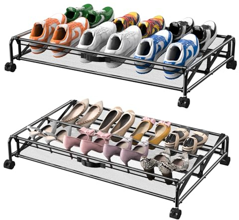 KOSIWU Under Bed Shoes Storage, 2 Pack Rolling Under-bed Storage Containers with Wheels, Under Bed Shoe Organizer Breathable Mesh Fabric with Metal Frame