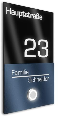 Graviers Design V2A Edelstahl Türklingel mit Hausnummer Straße Namen Gravur - Klingelschild 110x180mm LED-Taster Klingelplatte modernes Design aus Edelstahl Beschichtung RAL 7016 Acryl Schwarz