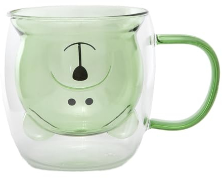 lachineuse - Tasse niedlicher Bär grün – doppelwandiges Glas – mit Henkel – Fassungsvermögen 275 ml – Tasse Kaffee, Tee, heiße Schokolade, Cappuccino – japanische Deko-Tasse – Geschenkidee Japan Asien