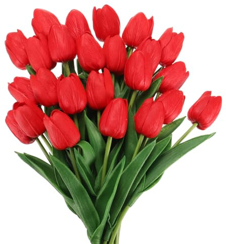 QUARKZMAN 24Pcs Künstliche Tulpen, PU Fake Tulpen, Gefälschter Dekor（Rot） | Tulpenstrauß Echte Berührungsblumen Zuhause Dekor Hochzeit Hotel Büro Mittelstück