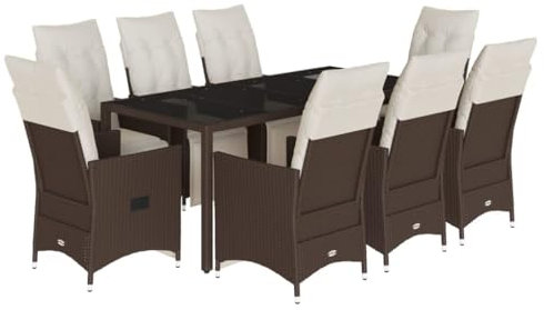 vidaXL Garten Bistroset 9-TLG., Balkonset mit Kissen, Gartenmöbel Tisch 8 Verstellbare Stühle, Balkonmöbel Sitzgruppe Gartengarnitur, Braun Poly Rattan