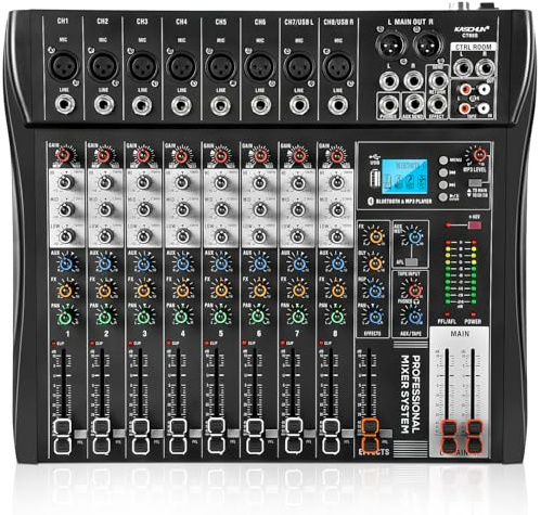 8 Channel Audio Mixer with Bluetooth, Professional DJ Mixer Board with 48V Phantom Power, USB Audio Interface & MP3 Player, Sound Mixing Console for Podcast, Home Studio, Live Streaming & Recording