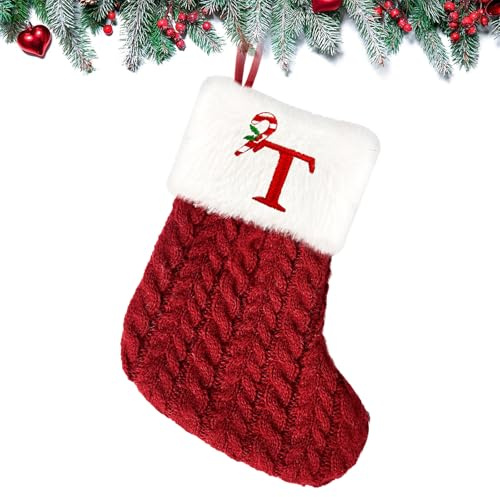 Weihnachtsstrumpf Personalisiert Nikolausstrumpf mit Buchstaben 20cm Christmas Stockings Weihnachtsbaum Kamin hängende Ornamente Geschenkhalter Weihnachtsdekorationen für Weihnachtsbaum und Heim (T)