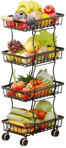 Cesto di frutta per cucina, sottile, in filo metallico, con manico e ruote in legno, scaffale impilabile, può essere utilizzato anche in soggiorno, camera da letto e bagno