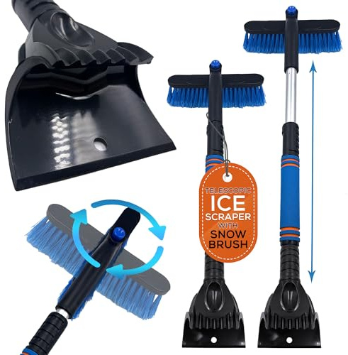 Telescopic Ice Scraper for Car Windscreen with 360 Degree Scratch-Free Snow Brush for Car, Scooper Shaped Car Scraper Windscreen Scraper Head, Ideal Car Ice Scraper Non Scratch Winter Car Kit