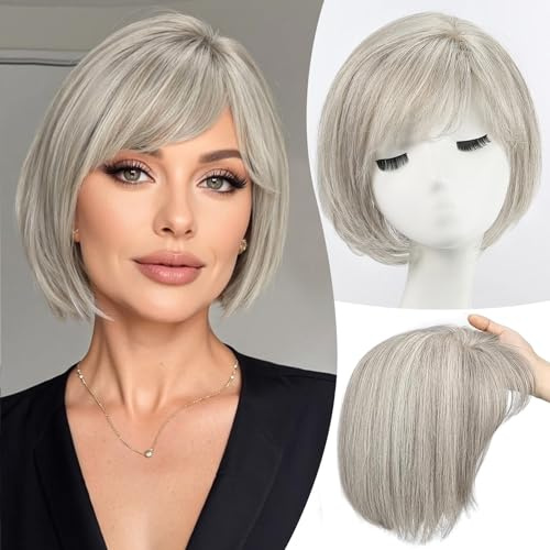 EMMOR Echthaar-Haarteil für Frauen, kurzer Bob mit Pony aus 100% Echthaar, 10 Zoll Hair Topper mit Seitenscheitel, 6,5 × 6,5 Zoll Basis, natürliches Haarvolumen, nahtlose Integration, Grau