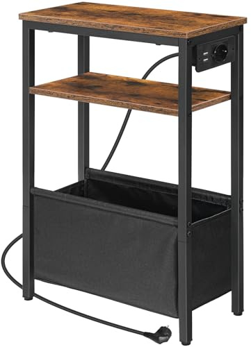 HOOBRO Mesa Auxiliar Estrecha, Mesita de Noche con Estación de Carga, para Espacios Pequeños, con Enchufe y Puerto USB, con Estante, para Dormitorio, Sala de Estar, Marrón Rústico y Negro EBF125CBZ01