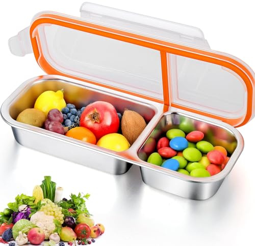 VICDUEKG Snackslåda med 2 fack, snackstallrikar av rostfritt stål, lunchlåda för barn, bentolådor, snackskål med lock, delad snacksburk för sötsaker, kryddor, nötter, kex, grönsaker