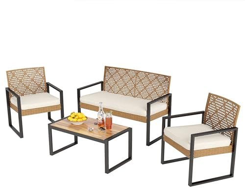 PHI VILLA Gartenmöbel Balkonmöbel Set mit 1 x 2-Sitzer Sofa, 2 x Sessel und 1 x Tisch, 4 Personen Outdoor Lounge Möbel Gartensofa. Wetterfest Rattan Balkon Lounge für Garten Terrasse, Beige & Gelb