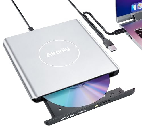 Alronly Extern CD/DVD-enhet för bärbar dator/PC, USB 3.0 Typ-C USB bärbar legeringsspelare för dator, CD DVD +/-RW, diskenhet, CD-brännare, skrivare, läsare, kompatibel med stationära Windows Apple