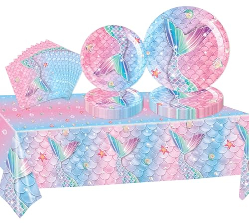 41PCS Mermaid Party Tableware Set Supplies with Plates Tablecloth Napkins Favor Bags Filler Bags for Birthday Decoration and Baby Shower