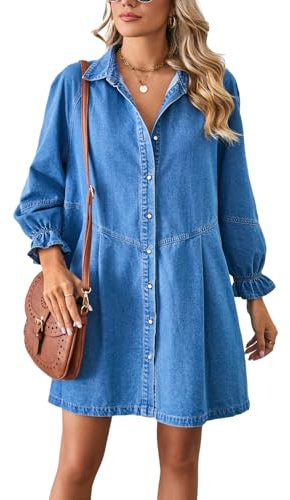Vanchenl Abito casual da donna in denim con bottoni e risvolto sciolto lanterna manica lunga Midi Jean Dress, Azzurro, XL