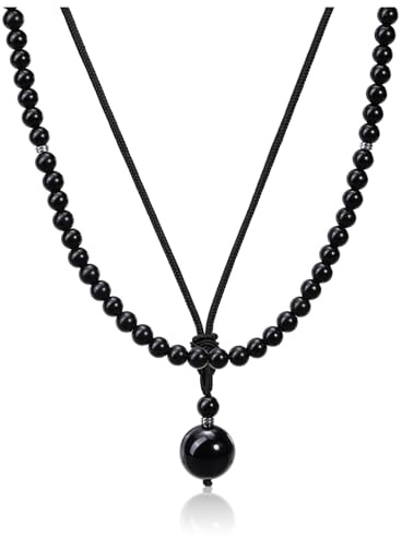 PiercingJak 2PCS Herren Halskette Tigerauge Obsidian Perlen Ketten Schwarz Geflochtene Schnur Kette mit Kugel Steine Anhänger Kristallkette Heilsteine Schmuck Spirituelle Geschenk für Männer Jungen