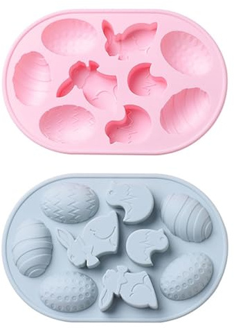 GALPADA 2pcs Easter Egg and Bunny Silicone Cake Molds Food Grade Non Stick Baking Moulds for DIY Pastries Chocolates Desserts Safe Reusable Kitchen Tools Blue and Pink