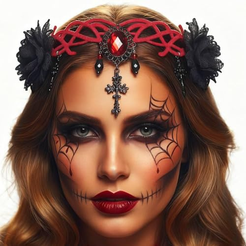 Zoestar Gothic-Stirnband, schwarze Blume, Kopfschmuck, Kristall, Kreuz-Kopfkette, Hexe, Halloween, Haarschmuck für Frauen