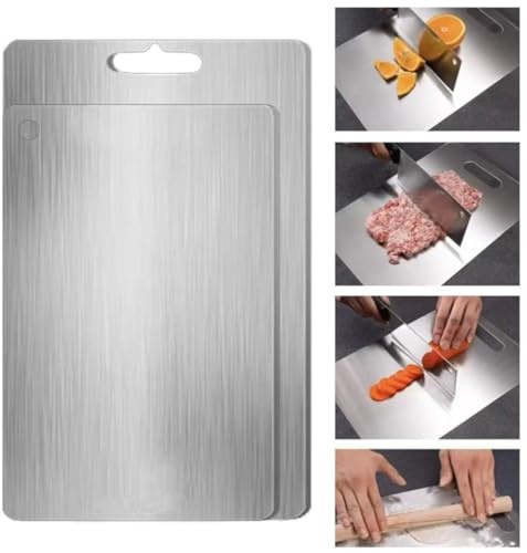 QZLSAYSL Titanium Cutting Board, (25 * 15)+(34 x 23 cm) | Stainless Steel Both Sides, BPA Free, For Cooking, Meat, Bread, Vegetables, Fruit