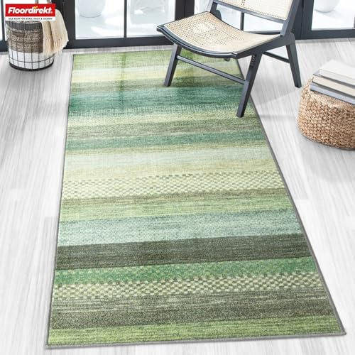 Floordirekt Teppich Läufer für Küche, Flur & Wohnraum - Teppichläufer auf Maß - Meterware - Flurteppich - Küchenläufer - Wohnzimmer Teppich (80 x 300 cm, Naxos - Grün-Blau)