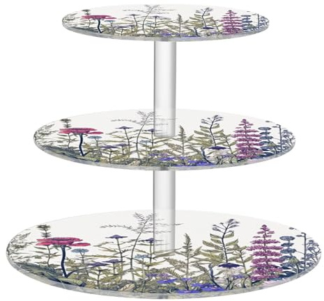 Blueangle 3-Tier Round Cupcake Stand – Wildflowers and Herbs Acrylic Dessert Tower, Non-Slip Tiered Dessert Stand for Baby Shower, Birthday, Wedding Party （479）