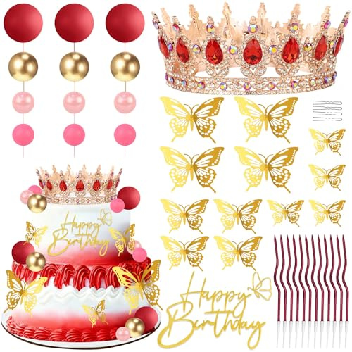 ZOYVUX Birthday Crown Cake Topper, Cake Decorations with Happy Birthday Cake Topper, Balls, Gold Butterflies, Corona Para Pastel for Women, Princess, Wedding Party Decor (Rose Gold & Red)