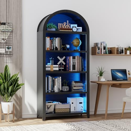 Gurexl 175 CM Vetrina da Collezione con LED a 3 colori e Sensore Umano,Libreria da Arco con 5 Ripiani,per Soggiorno,Ufficio,Studio,Camera da letto,Nero Classico