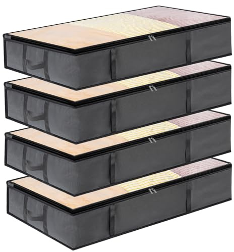 Dntorx 4Pack 90L Underbed Storage Bags, Foldable UnderBed Storage Box With Lids, Clothes Storage Bags with Sturdy Zip, PVC Window, Reinforced Handle for Clothes, Duvets, Comforters, Blankets