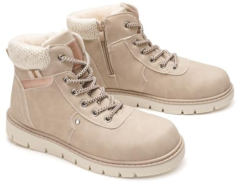 GLAMORA Botines de Invierno para Mujer, Botas de Nieve con Pelo, Cómodas y Antideslizantes, Cremallera Lateral y Cordones G25600-beige-40