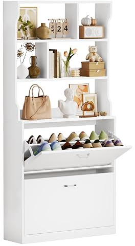 IRONCK Shoe Cabinet with 2 Flip Drawers, Slim Shoe Storage Cabinet, Freestanding Shoe Rack Cabinet with 3-Tier Open Shelves, Wooden Shoe Cupboard for Hallway, Entryway, Living Room, 80x24x165CM, White