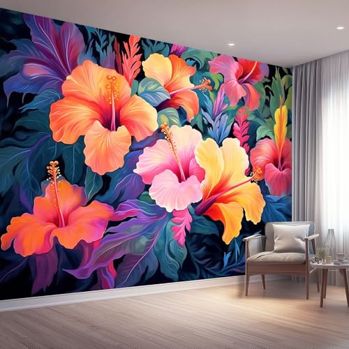 Carta Da Parati Colorato, Piante Acquerello Ibisco Tema grandi Carta Da Parati non tessuto - 350 x 256 cm 3D Murale Fotografica Poster Decorazione per Camera Letto Soggiorno Sala Ufficio