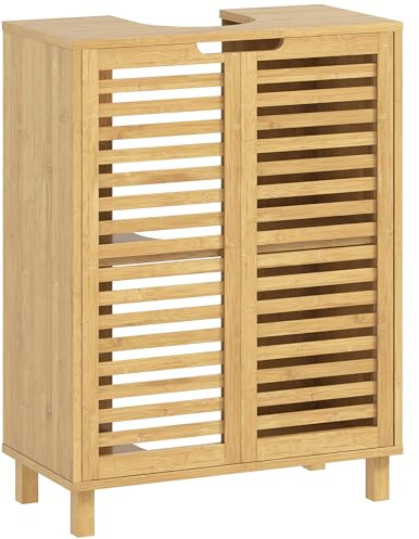 HOMCOM Waschbeckenunterschrank mit 2 Lamellentüren aus Bambus 60x30x80 cm | Verstellbarer Einlegeboden, Badezimmerschrank, Waschtischunterschrank, Natur