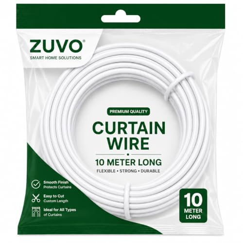 Zuvo Net Curtain Wire Kit with 20 Hooks and Eyes, 10 m, White | Includes 20 screw-in hooks and 20 eyes, covers up to 5 windows, cut to length, for voile, net and sheer curtains