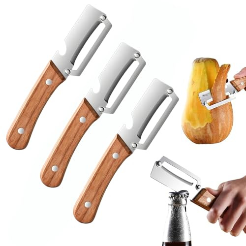 Éplucheur Multifonctionnel Pour La Cuisine, Éplucheur Économique Pour Fruits Et Légumes, Avec Décapsuleur, Manche En Bois Et Lame En Acier Inoxydable, Adapté Aux Fruits Et Légumes (3pcs)